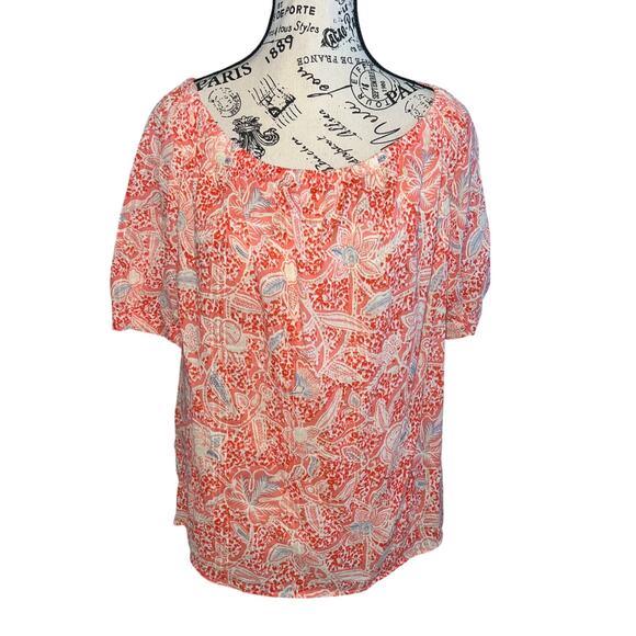 Tory Burch Floral Cotton Gauze Blouse Size 4 Melon Emmarentia Summer Resort‎ EUC - Picture 1 of 7